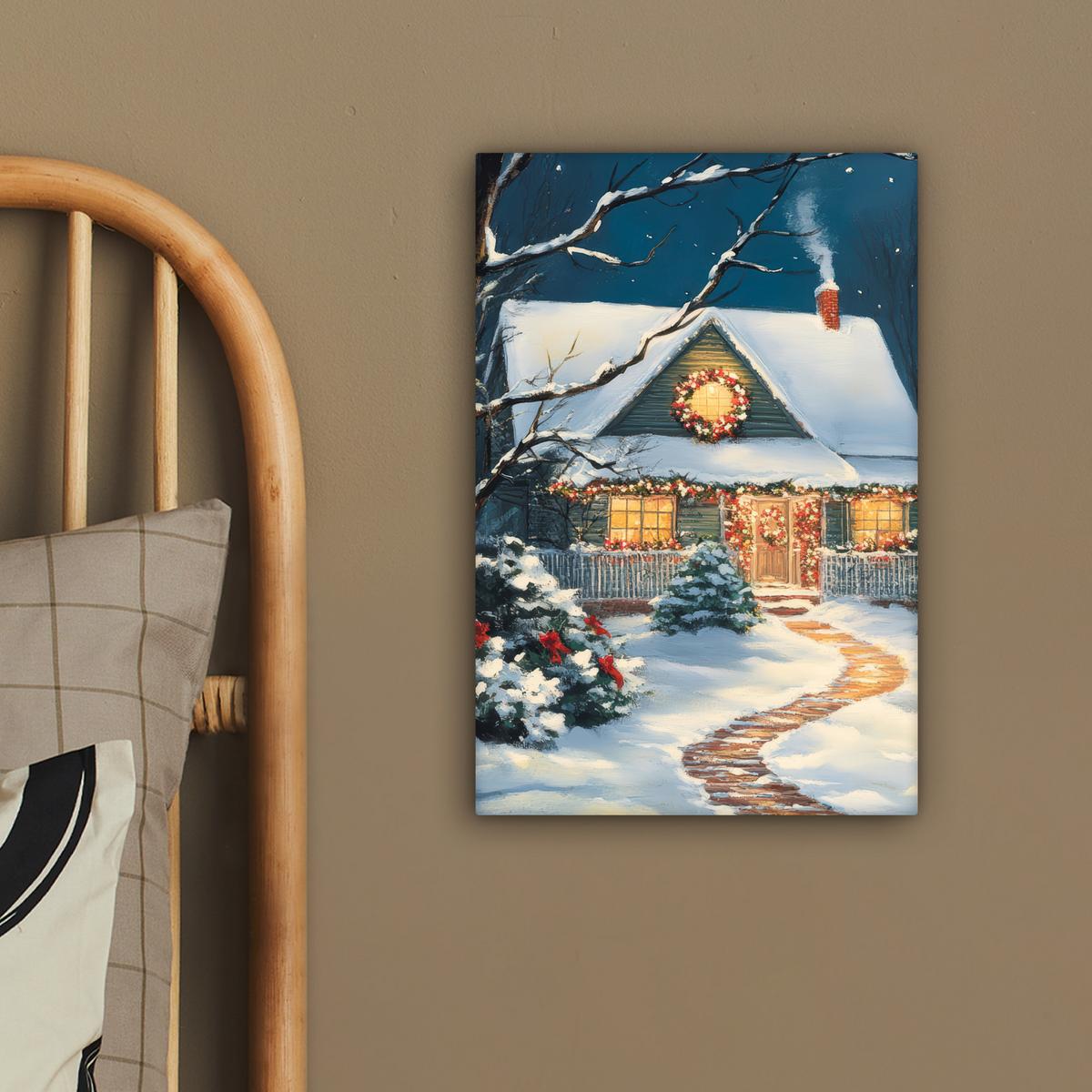 LEINWANDBILD Weihnachten - Weihnachtsbaum - Winter - Zuhause - Schnee Deko Wohnzimmer 20x30 cm - Smaragdgrün, Textil (20/30cm) - MuchoWow