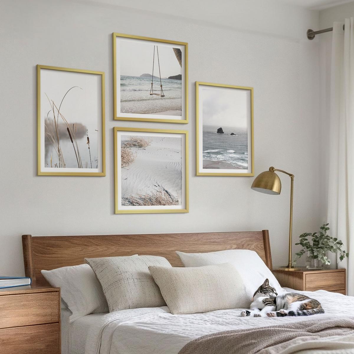 BILDER SET 4er Set - 50x50 cm & 40x60 cm Goldrahmen - Vegetation am Wasser im Sommer - Goldfarben, Kunststoff (50/50cm) - TULUP