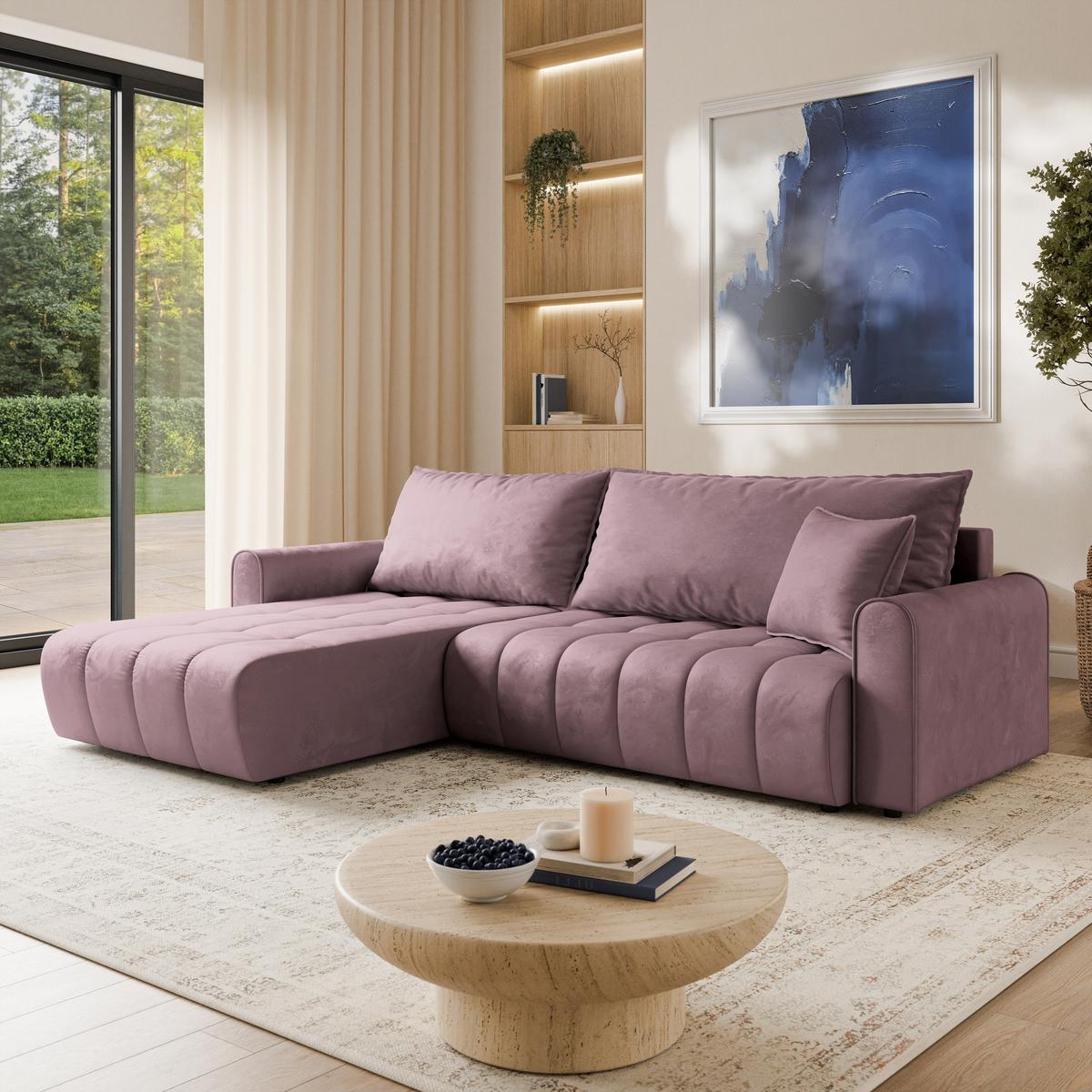 ECKSOFA FRIGA Lila Velours-Stoff mit Schlaffunktion - Lila, Holz (283/185cm) - MASSENO