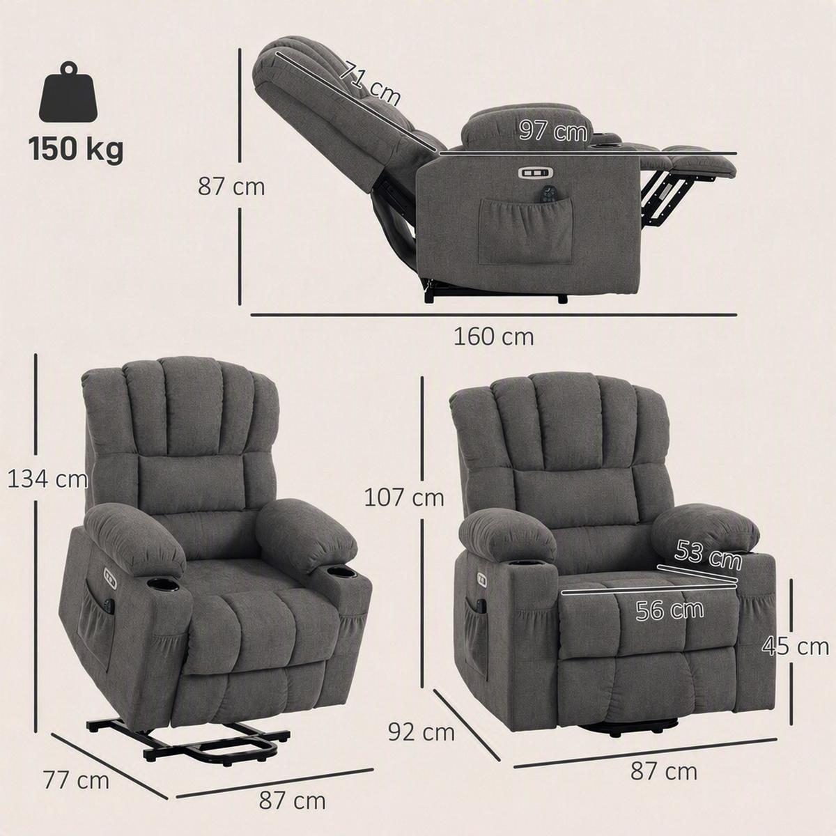 ELEKTRISCHER-AUFSTEHSESSEL Frottee 100 Polyester Grau - Grau, Textil/Metall (87/107/92cm) - HOMCOM
