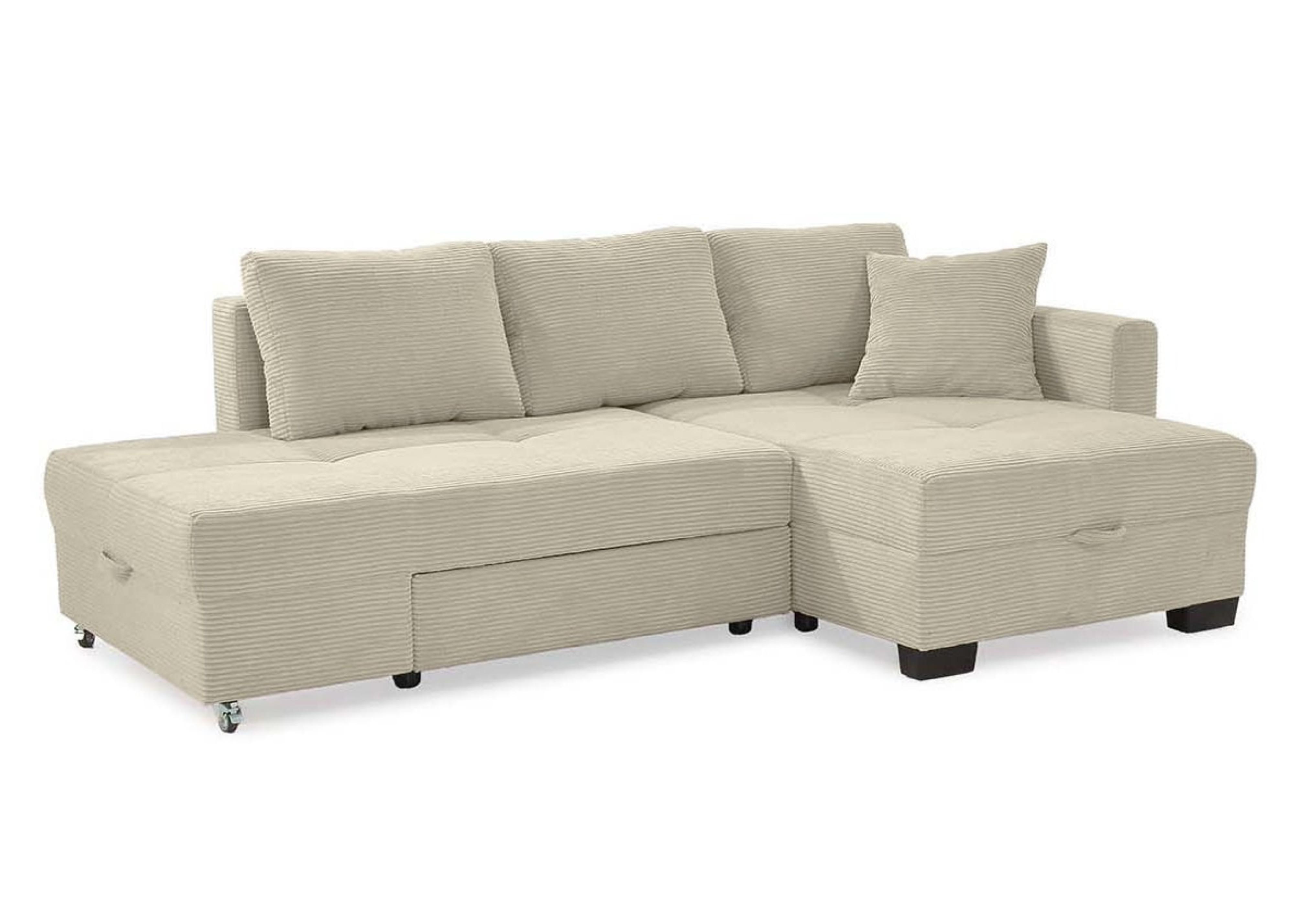 ECKSOFA Doppelbett mit Bettkasten, seitenverkehrt montierbar B247/T155/H87 cm, Liegefläche 183x207 cm, Cord Beige Grau / 15215 - Greige/Schwarz, Kunststoff/Textil (247/155cm) - luma-home