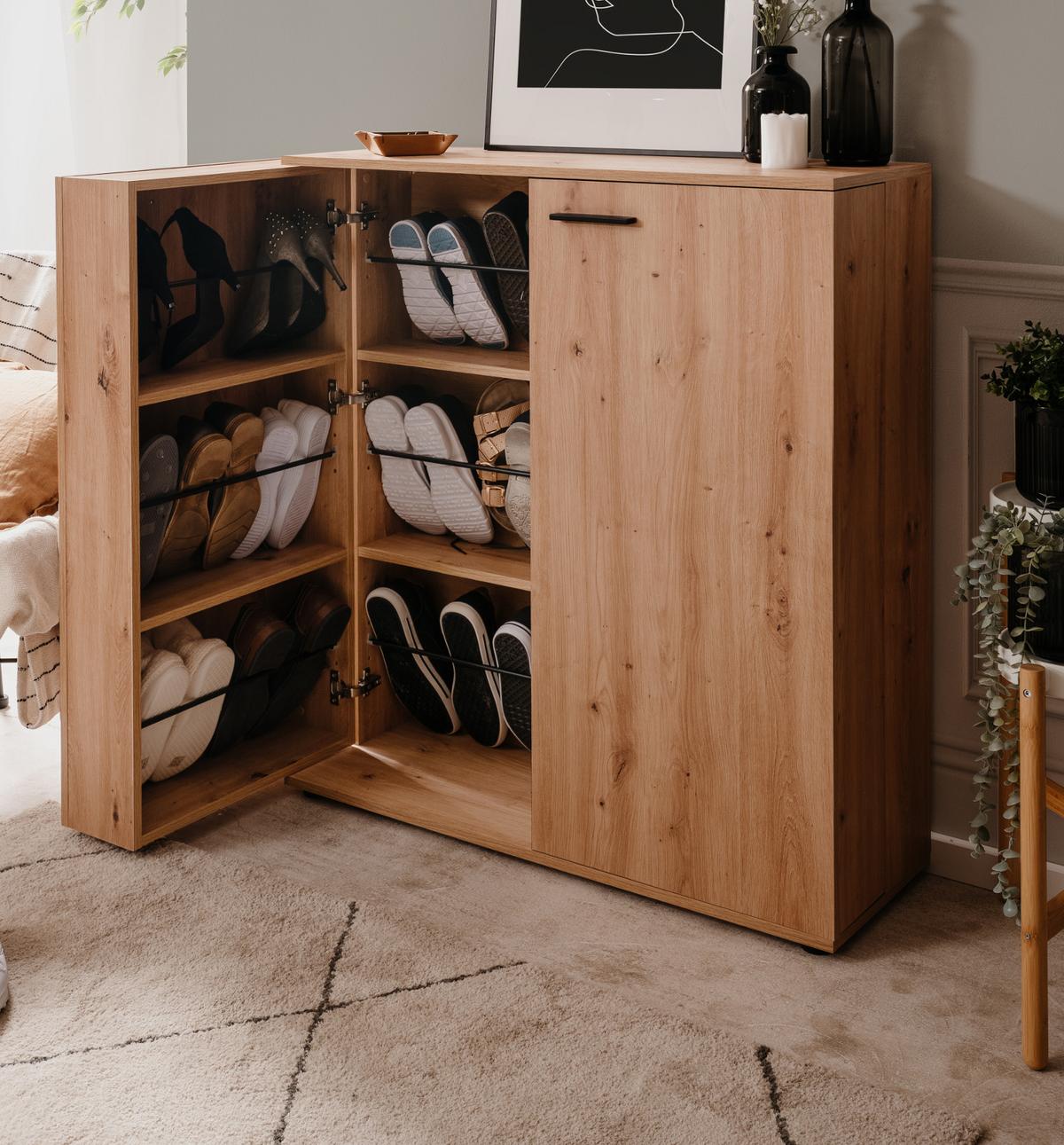 SCHUHSCHRANK Eiche Artisan 100 cm, Schuhkommode aufklappbar mit 12 Fächern - Schwarz/Eiche Artisan, Holzwerkstoff/Kunststoff (100/110/34cm) - Furn.Design