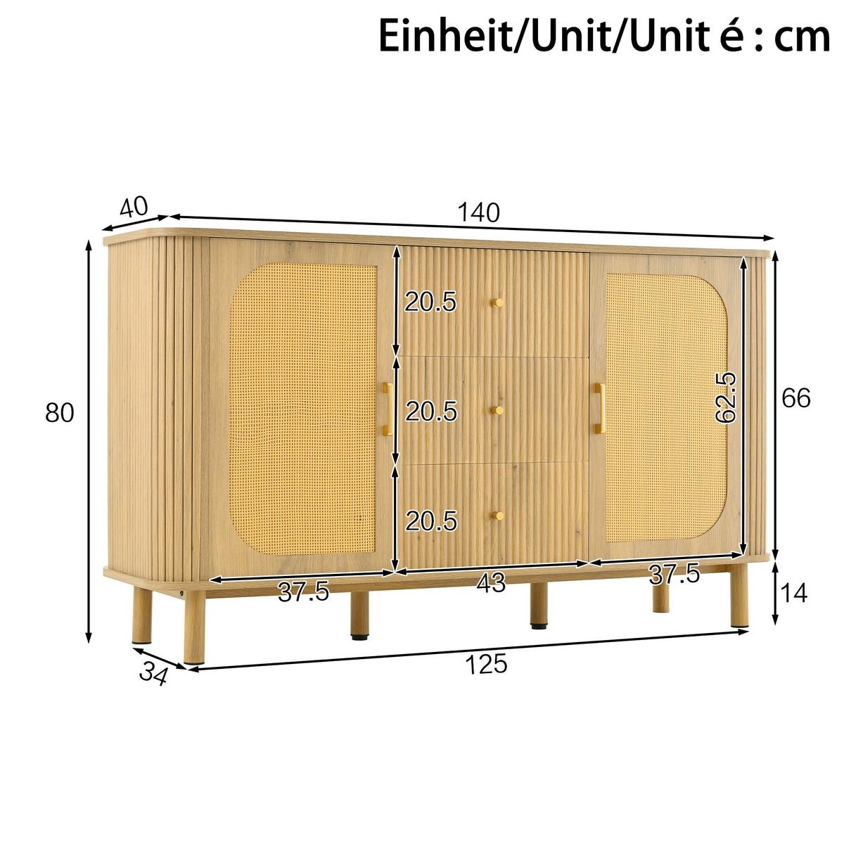 BUFFET in Naturholz- und Rattanoptik, Beige - Naturfarben, Holzwerkstoff (40/80/140cm) - Urban Meuble