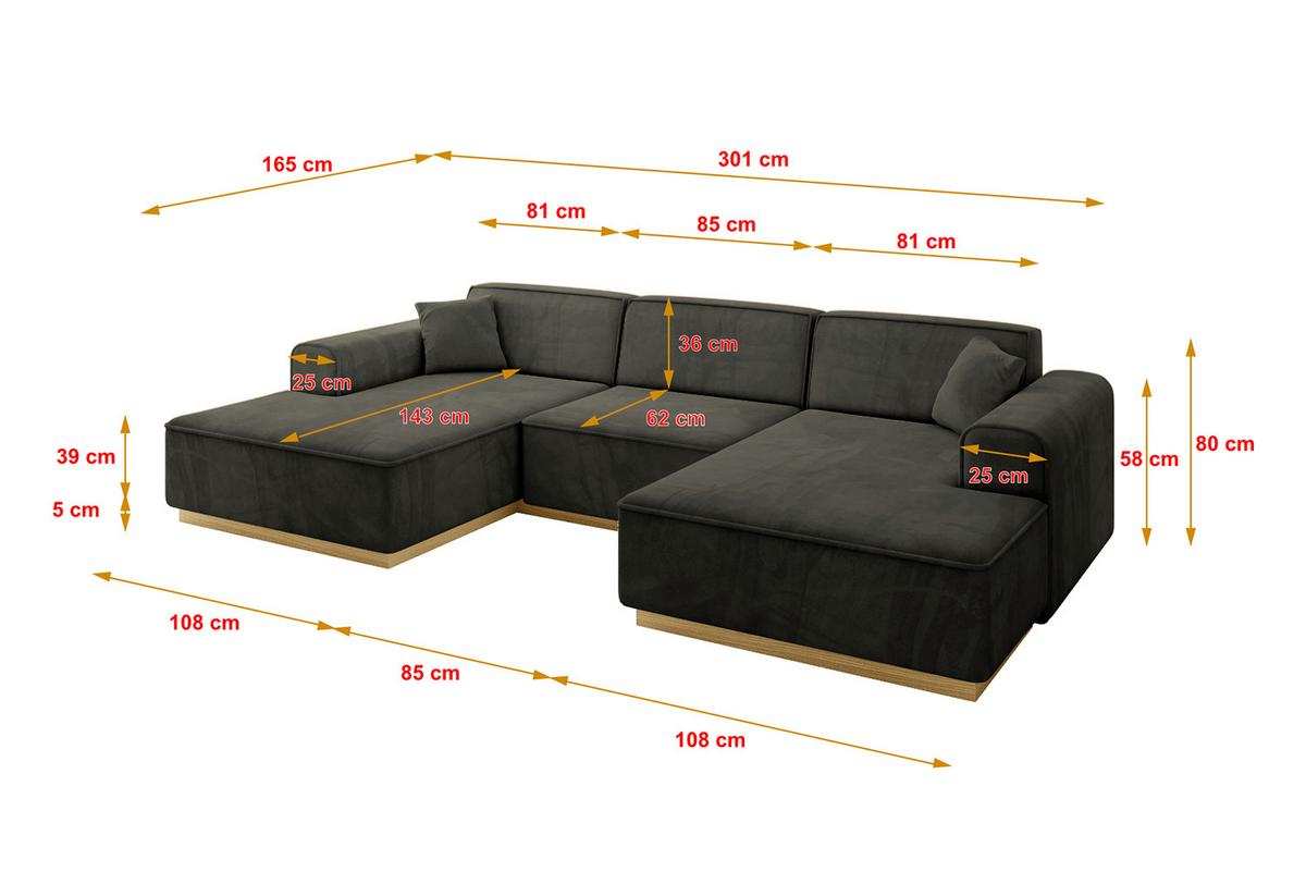WOHNLANDSCHAFT IREA-U1-v2 - 301x165x80 cm Schwarz - Schwarz, Holzwerkstoff/Textil (301/80/165cm) - ALTDECOR