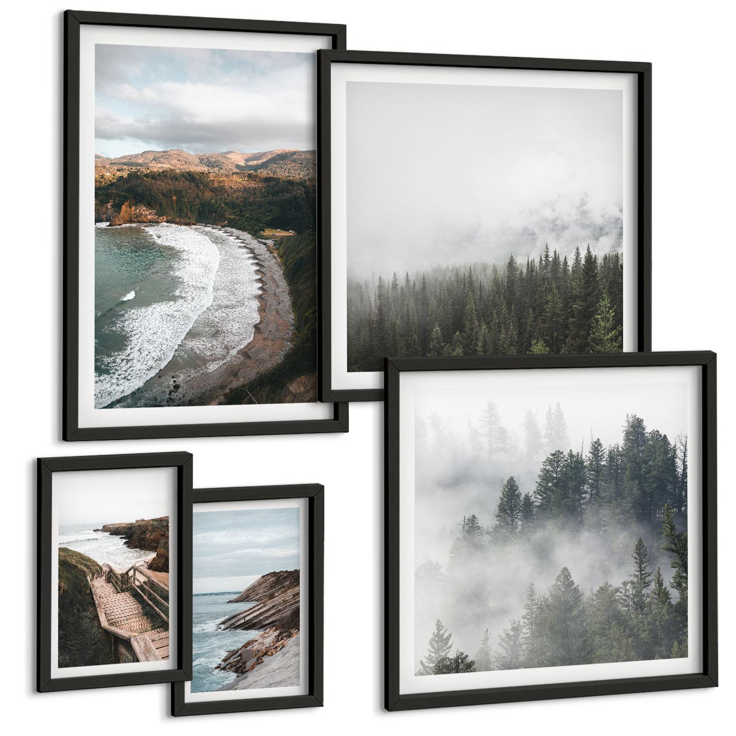 BILDER SET 5er Set - 50x50 cm & 20x30 cm & 40x60 cm Schwarzer Rahmen - Klippenblicke, Strandlandschaften - Schwarz, Kunststoff (40/60cm) - TULUP