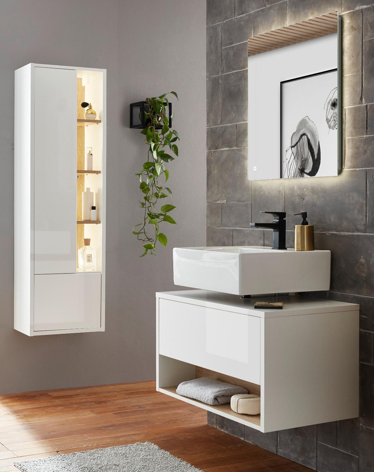 BADMÖBEL-SET 3-teilig weiß Hochglanz, Eiche, Komplettset mit LED Beleuchtung 135 cm - Weiß Hochglanz, Glas/Holzwerkstoff (135/190/46cm) - Furn.Design