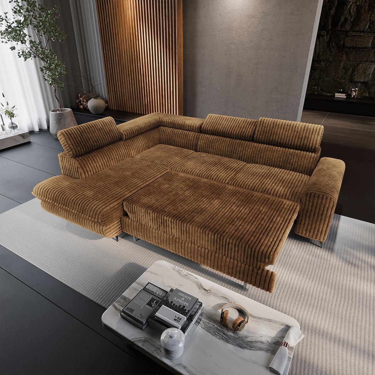 ECKSOFA VELISS Orange Kordstoff mit Schlaffunktion - Orange, Holz (255/193cm) - MASSENO