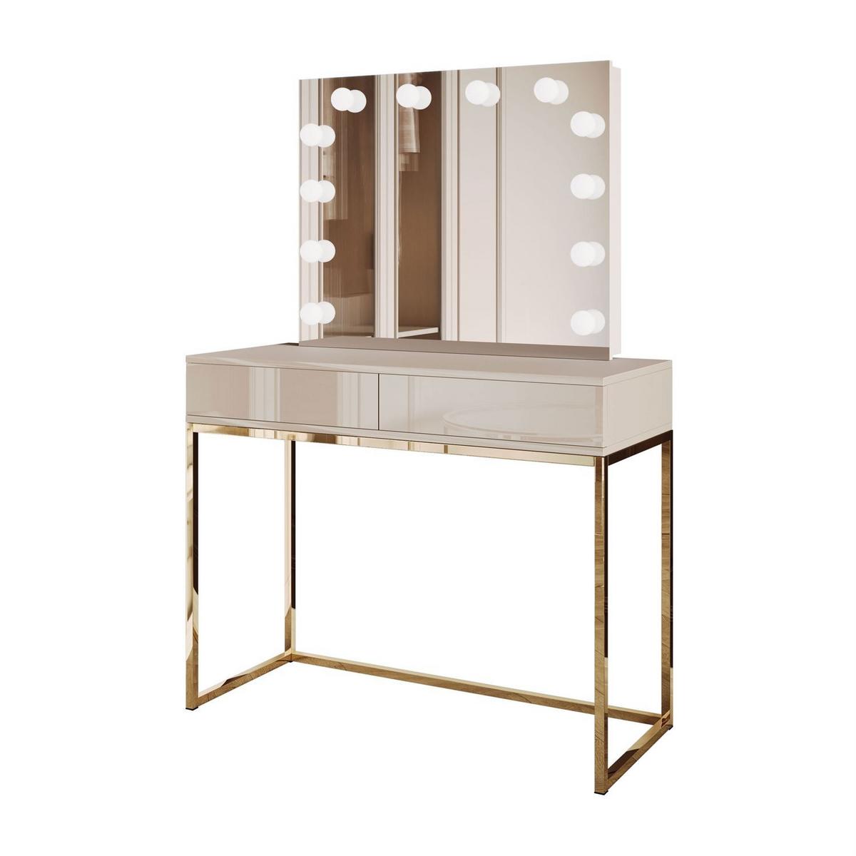 SCHMINKTISCH BLANCO KASCHMIR ELITE mit Spiegel und Beleuchtung goldener Chrom PUSH OPEN - Kaschmir, Holzwerkstoff (100/81/42cm) - Lookway