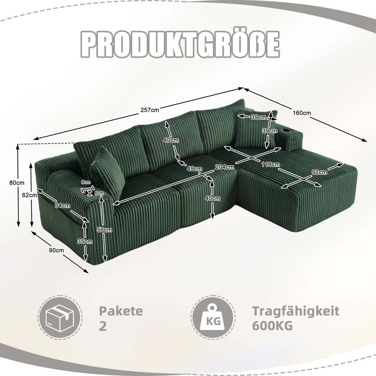 ECKSOFA mit Chaiselongue Cord - Smaragdgrün, Textil (257/160cm) - Urban Meuble