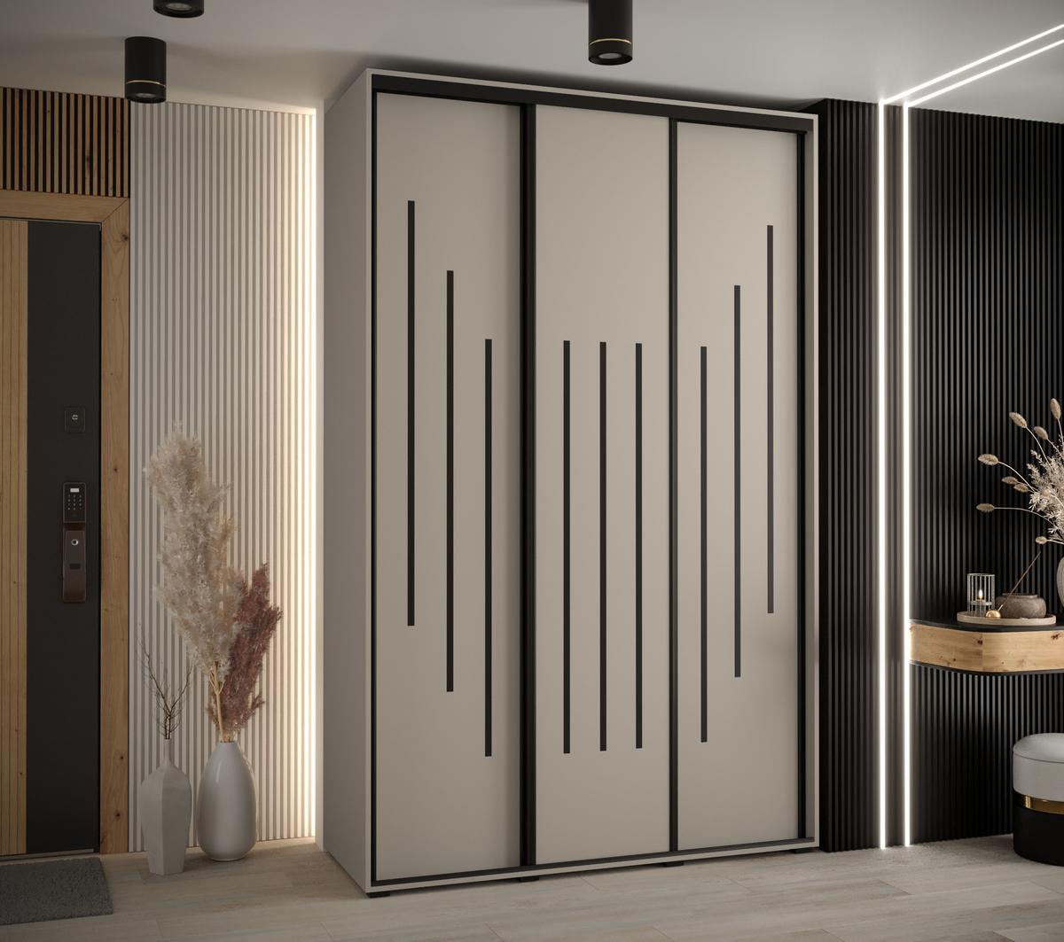 SCHWEBETÜRENSCHRANK 235,2/160/60 3-türig - Kaschmir/Schwarz, Holz/Metall (160/235.2/60cm) - MÖBEL KRYSPOL