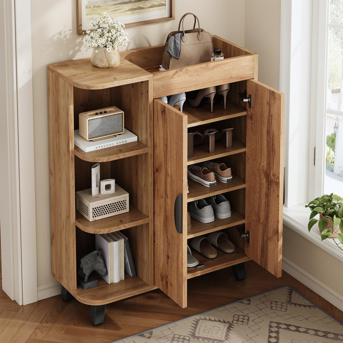 SCHUHSCHRANK in naturholz-optik, mit offenen fächern und oberer ablage - Naturfarben, Holzwerkstoff (80/99/32cm) - Urban Meuble