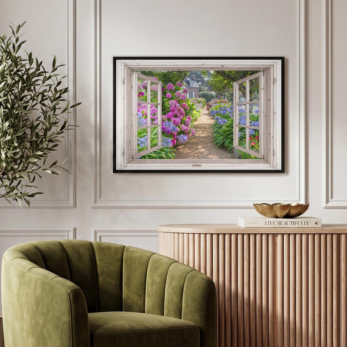 LEINWAND Bilder mit Rahmen - Hortensie - Durchsichtig - Blumen - Sommer - Lila - Weg - 60x40 - Lila, Textil (60/40cm) - MuchoWow
