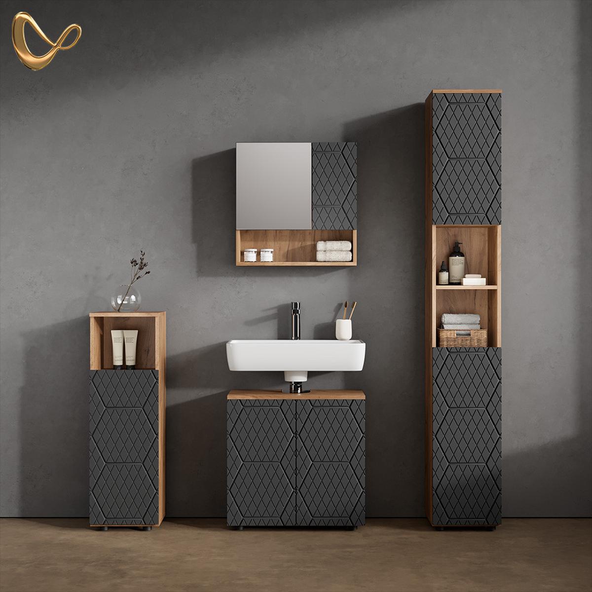 BADMÖBEL-SET Ronco Anthrazit mit Wabenstruktur 4 Teile, mit Hochschrank - Anthrazit, Holzwerkstoff (60/59/30cm) - Livinity®