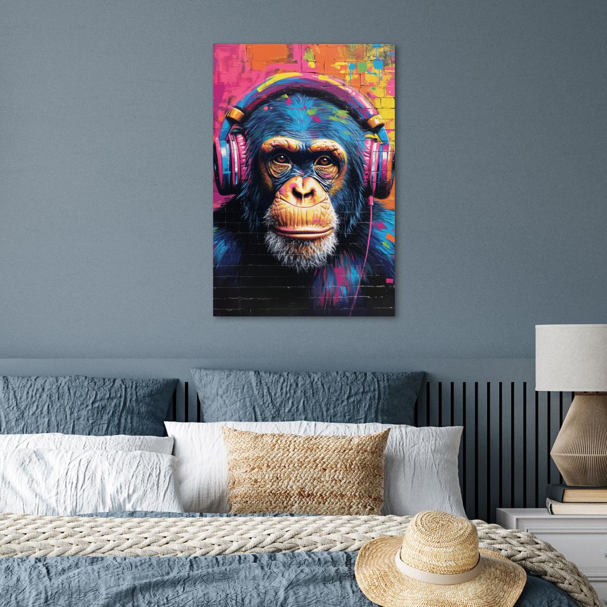 POSTER Graffiti - Schimpanse - Straßenkunst - Kopfhörer - Affe Wanddeko 40x60 cm - Blau, Papier (40/60/0.1cm) - MuchoWow
