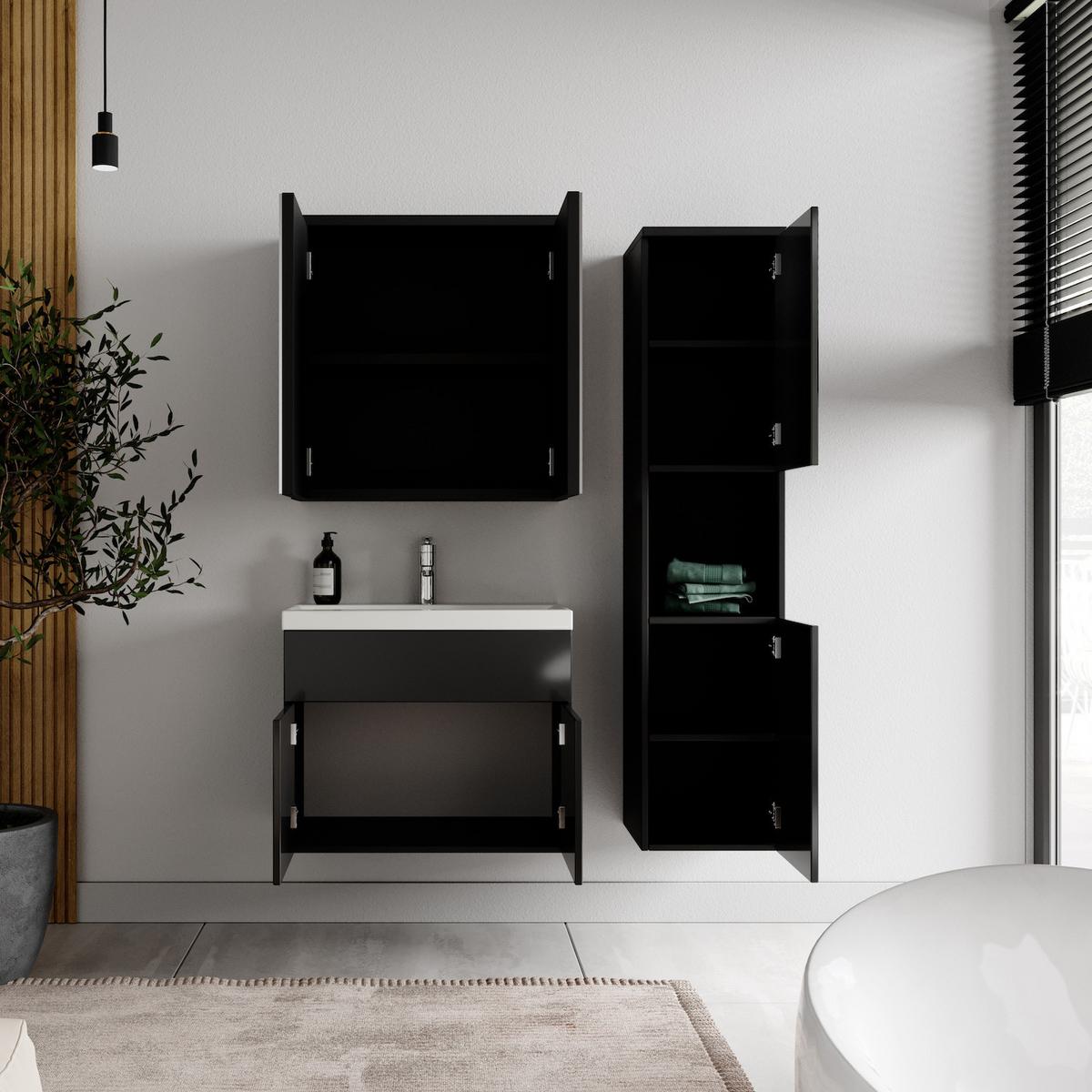 BADMÖBEL-SET Montreal 4 Teile Spiegelschrank Schwarz Hochglanz - 60 x 35 x 51 cm - Schwarz, Holz (60/51/35cm) - Badplaats