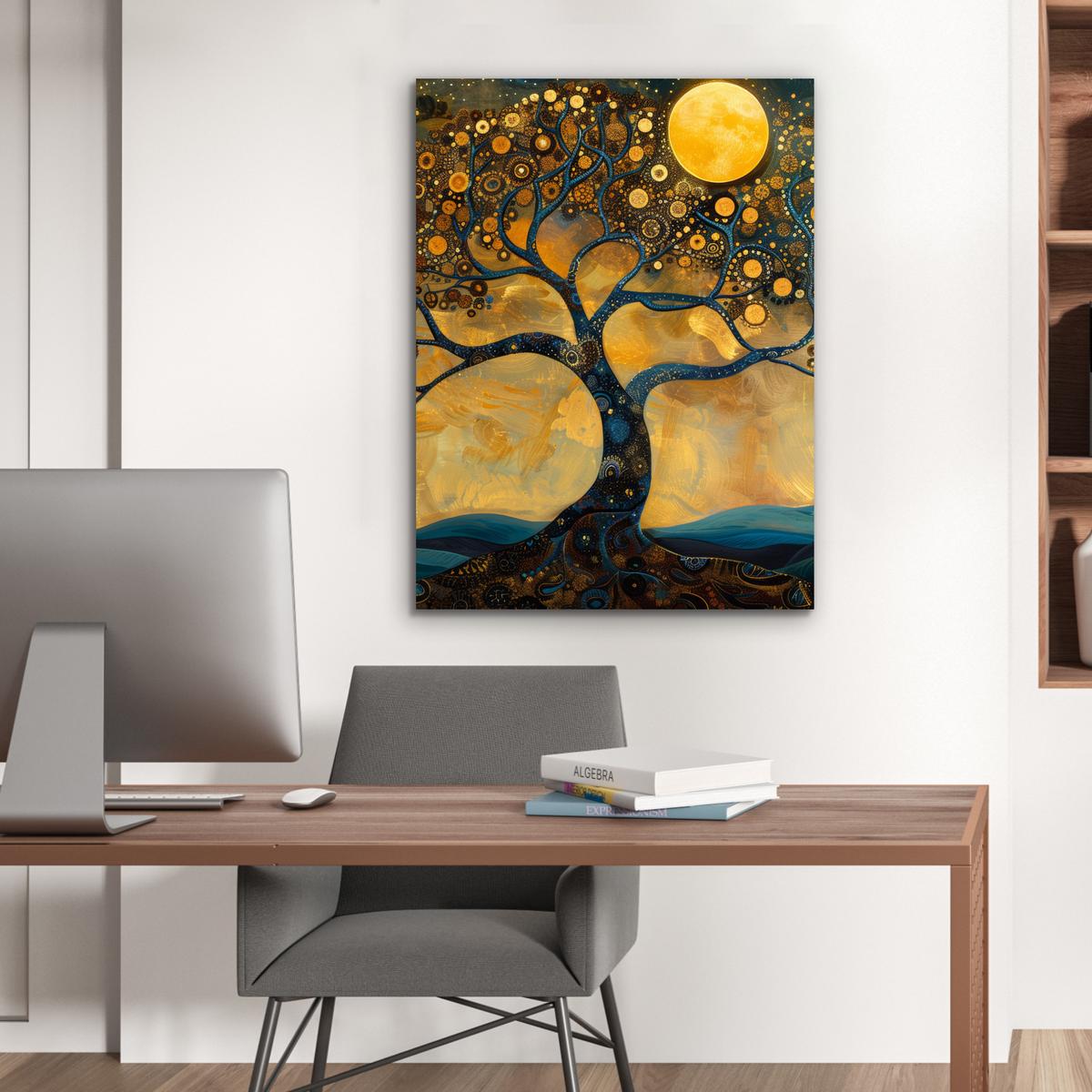 METALLBILD Baum - Mond - Blumen - Gold - Kunst 60x80 cm - Orange, Metall (60/80cm) - MuchoWow