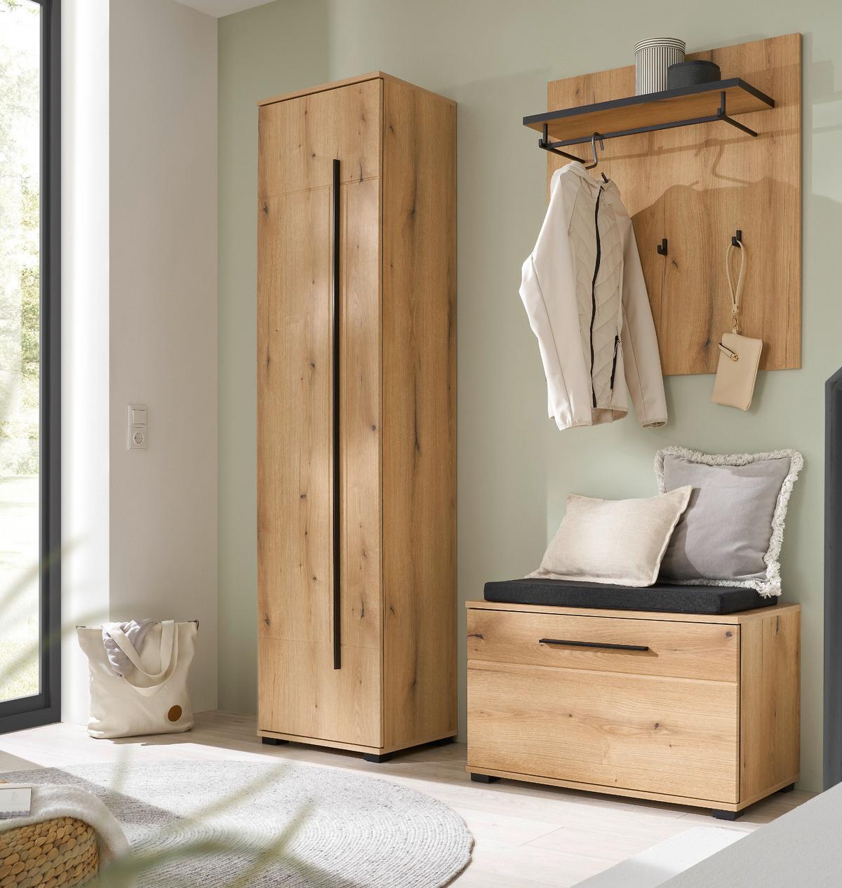 GARDEROBEN-SET Evoke Eiche 4-teilig 140 cm, Flurgarderobe mit Soft-Close - Dunkelgrau/Eichefarben, Holzwerkstoff/Kunststoff (140/200/40cm) - Furn.Design