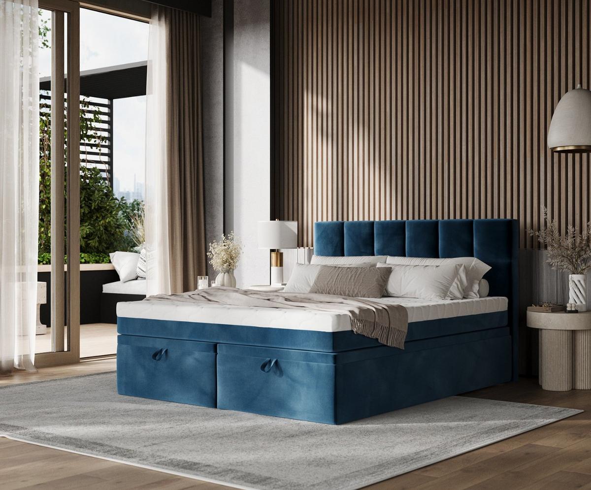 BOXBETT Elano 140/200 cm Dunkelblau im Kronos Stoff - Schwarz/Dunkelblau, Holz/Holzwerkstoff (140/200cm) - AltaBeds