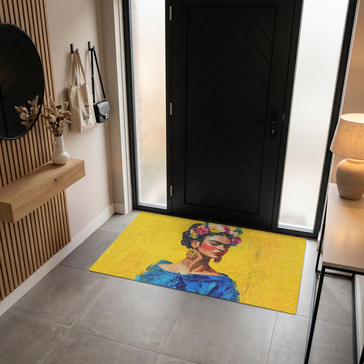 FUSSMATTE Frida Kahlo - Frau - Gelb - Blau - Blumen Schmutzfangmatte 150x90 cm - Gelb, Kunststoff (150/0.4cm) - MuchoWow