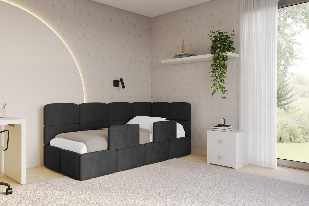 EINZELLBETT Jugendbett mit Bettkasten, Links - KIVY 90x200 Schwarz - Schwarz, Holzwerkstoff/Textil (90/200cm) - ALTDECOR