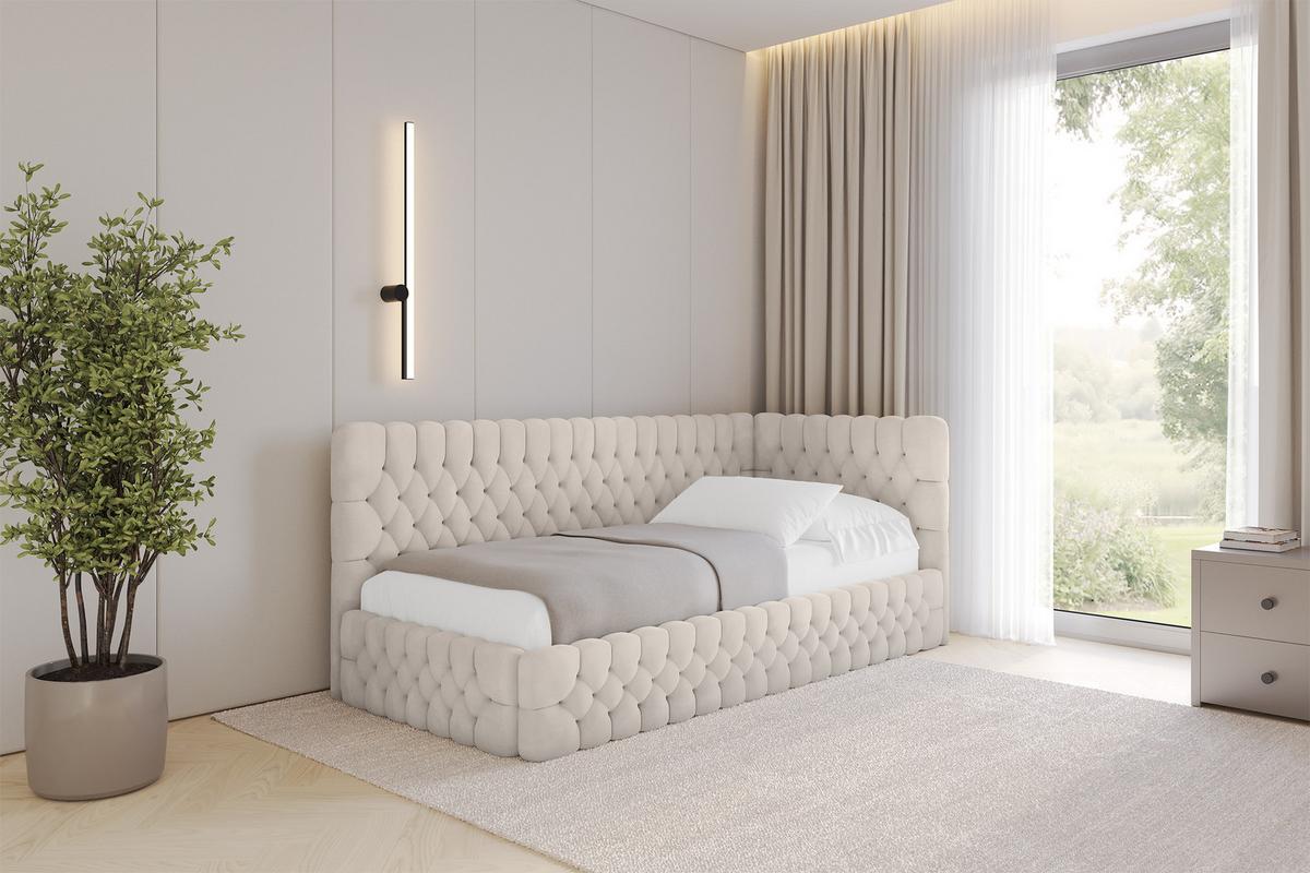 EINZELLBETT Jugendbett mit Bettkasten und Matratze H3/H4, Links - MULY 100x200 Beige - Ecru, Holzwerkstoff/Textil (100/200cm) - ALTDECOR
