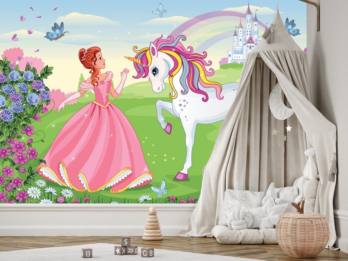 FOTOTAPETE für Kinderzimmer Prinzessin Einhorn Schloss Blumen 250x175 - Blau/Gelb, Papier (250/175cm) - Muralo
