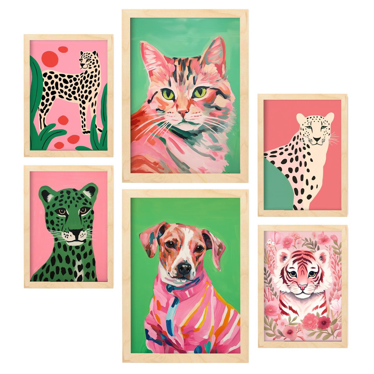 POSTER Set Mit 6 Rosa Haustiere A3 & A4 Rahmen Aus Hellem Holz - Beige, Papier (29/3cm) - Nacnic