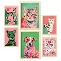 POSTER Set Mit 6 Rosa Haustiere A3 & A4 Rahmen Aus Hellem Holz - Beige, Papier (29/3cm) - Nacnic