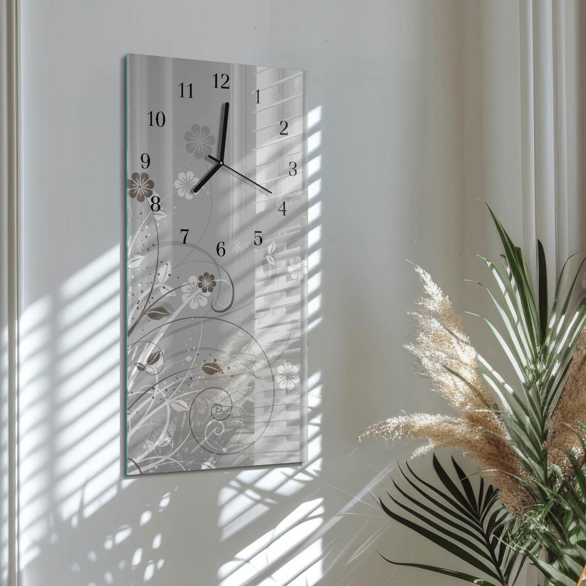 WANDUHR aus Glas 30x60 cm - Blumen - Grau, Glas (30/60/0.4cm) - TULUP