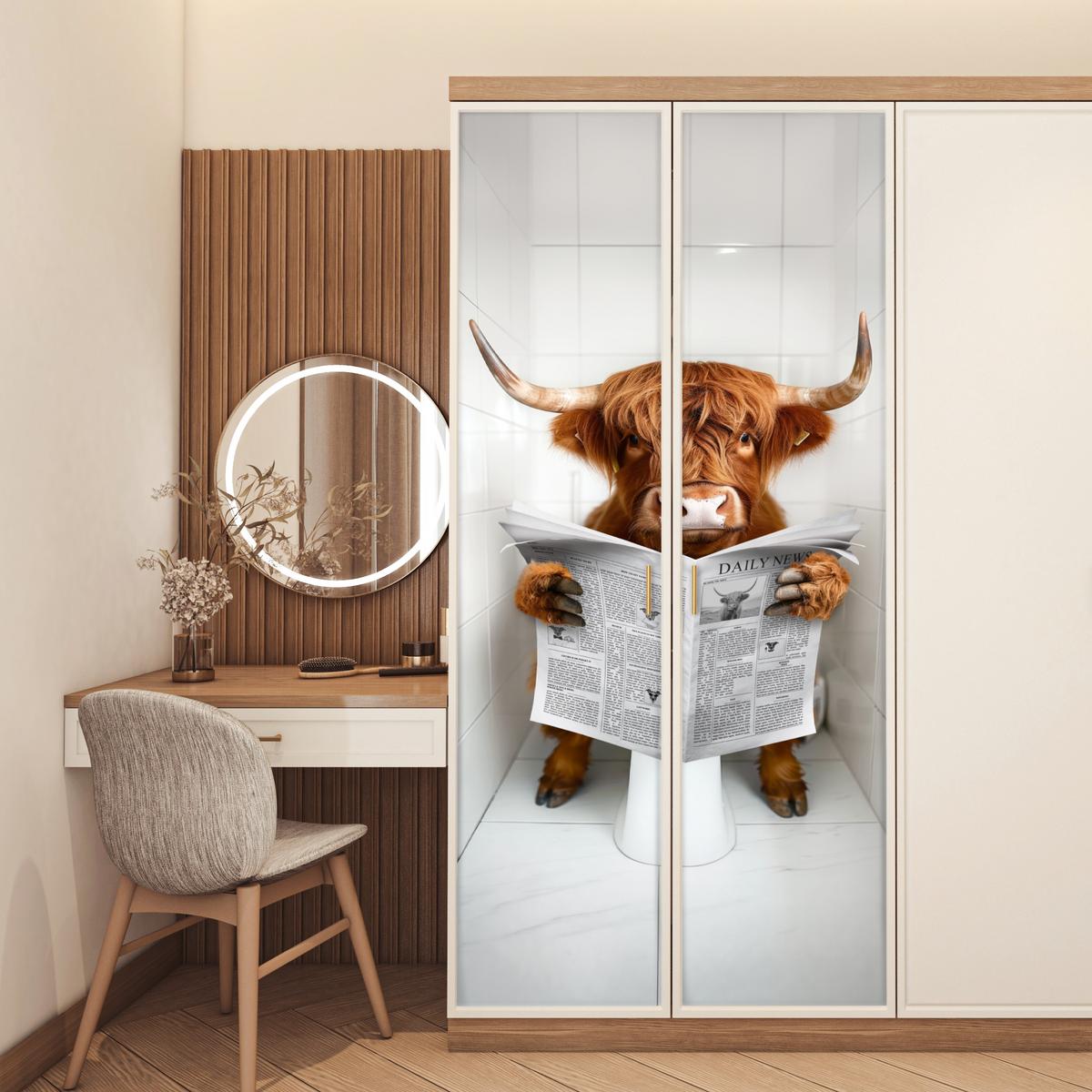 TÜRAUFKLEBER Scottish Highlander - Zeitung - WC - Tier 90x215 cm - Türtapete - Weiß, Kunststoff (90/0.1cm) - MuchoWow