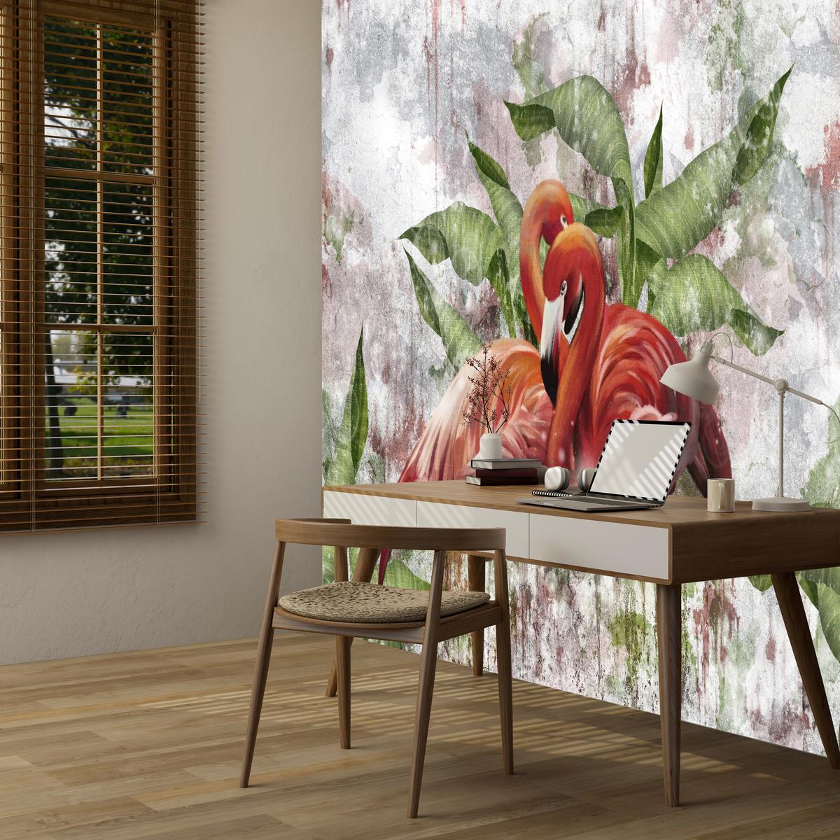 FOTOTAPETE für Schlafzimmer Abstrakte Flamingos Beton Tropische Blätter Palmen Natur 500x350 - Multicolor, Papier (500/350cm) - Muralo