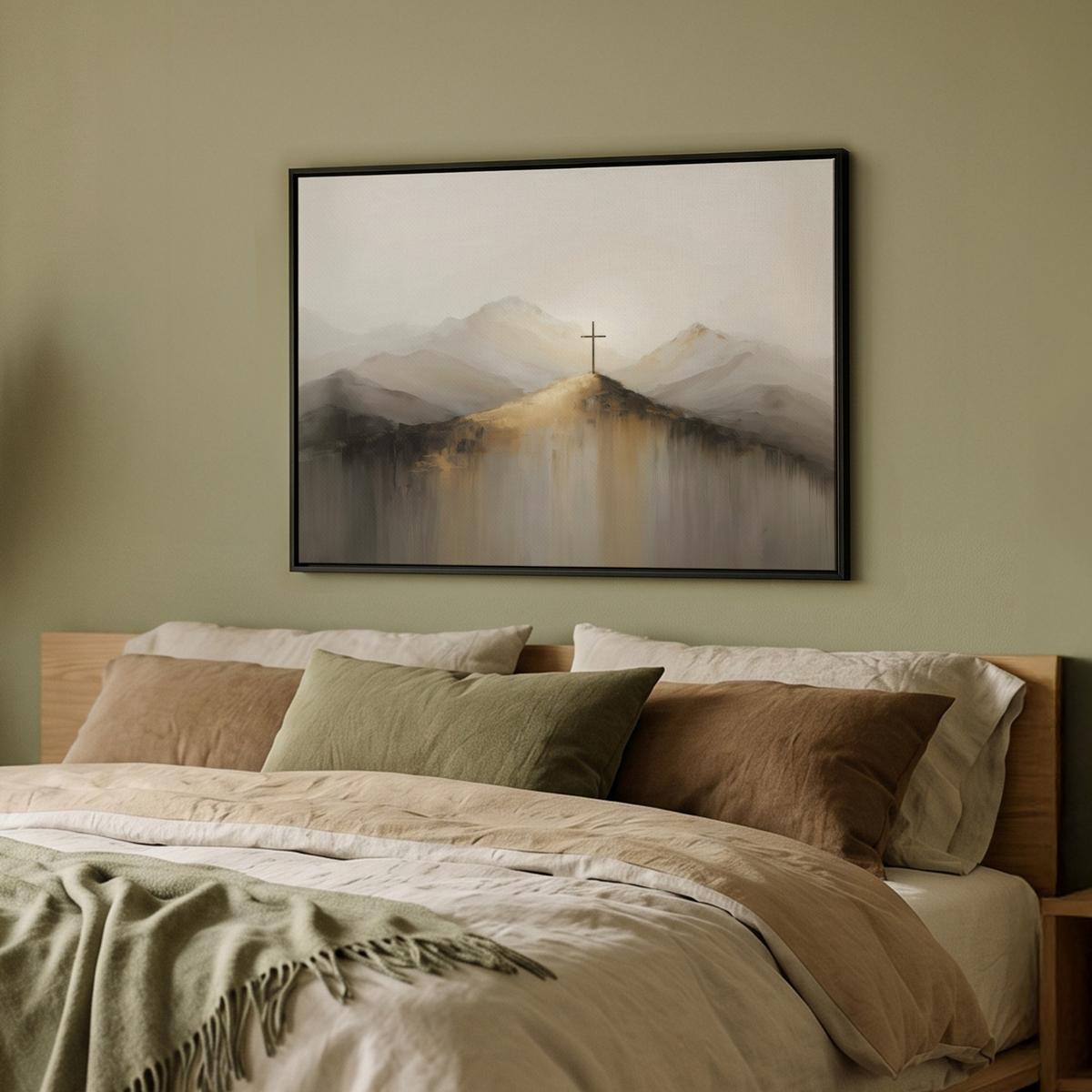 LEINWAND Bilder mit Rahmen - Hügel - Abstrakt - Kreuz - Christentum - 80x60 - Beige, Textil (80/60cm) - MuchoWow
