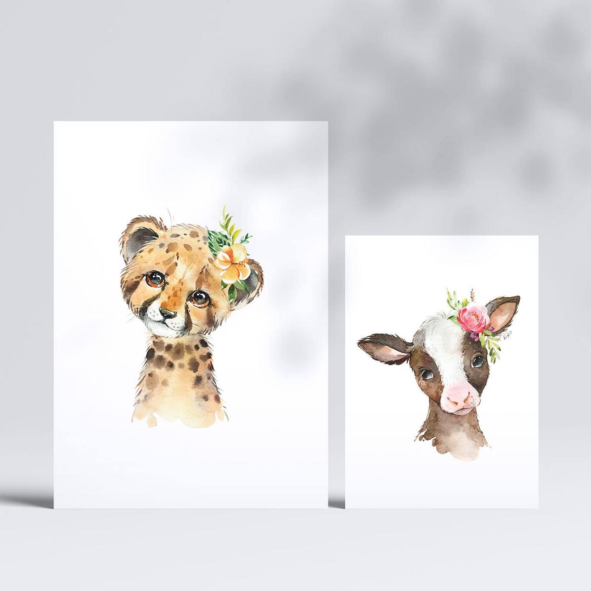 POSTER Set Mit 6 Blumentiere Weißer Baby Tiermotiven Im Pastell Aquarell Stil A3 & A4 Rahmenlos - Klar, Papier (29/3cm) - Nacnic