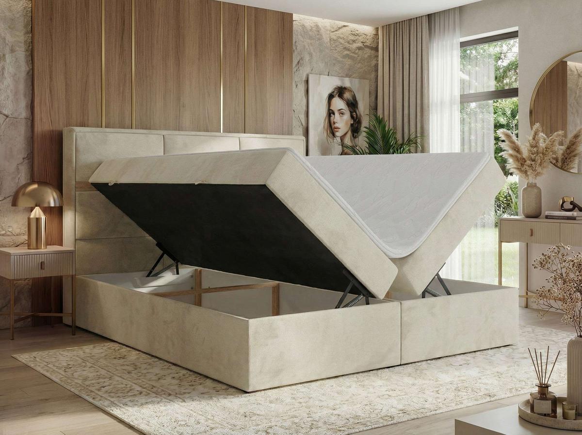 BOXSPRINGBETT ORVO 160/200 - Beige Velvet - Topper T25 - H4 - Beige/Schwarz, Kunststoff/Textil (160/200cm) - MKS