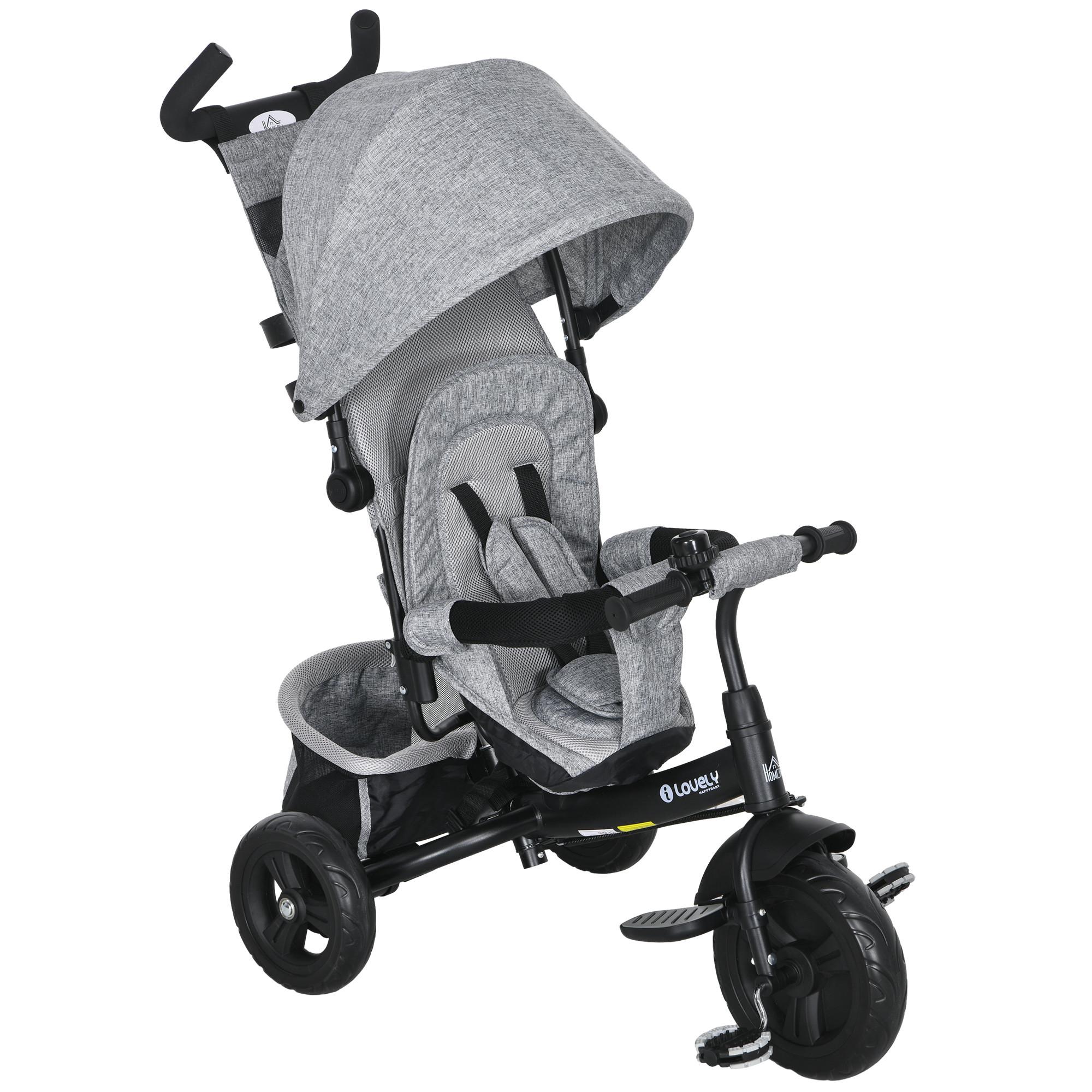 6-IN-1 Dreirad mit Schubstange, Kinderdreirad mit abnehmbarem Sonnendach - Grau, Metall (102/49/102cm) - HOMCOM