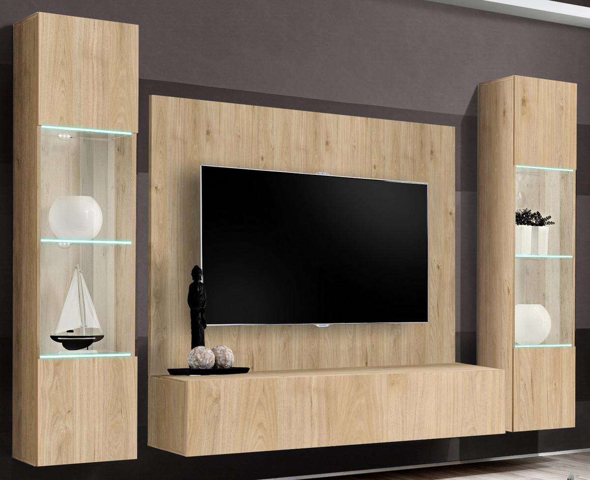 WOHNWAND Eiche Jackson 4-teilig 260 cm hängend, Schrankwand mit LED und Push-to-Open - Eichefarben, Glas/Holzwerkstoff (260/170/40cm) - Inn.Furn