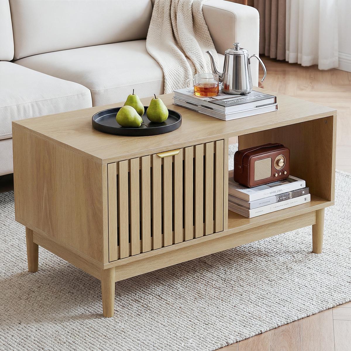 COUCHTISCH holzoptik & gitter-design mit schublade & offenen fächern - Eichefarben, Holzwerkstoff (50/80/45cm) - Urban Meuble