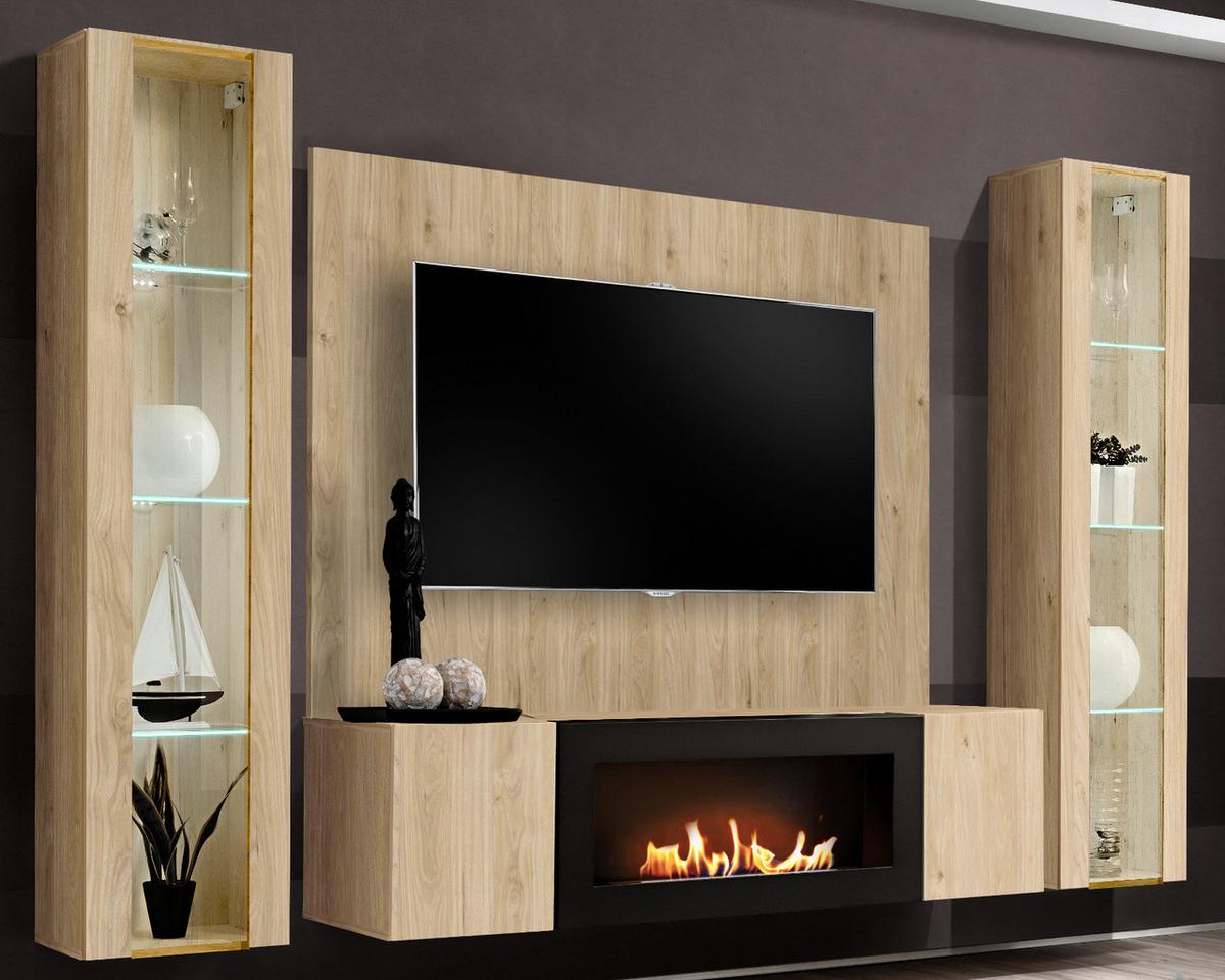 WOHNWAND Eiche Jackson 4-teilig 260 cm hängend, Schrankwand mit LED-Beleuchtung und Ethanol Kamin - Eichefarben, Glas/Holzwerkstoff (260/170/40cm) - Inn.Furn