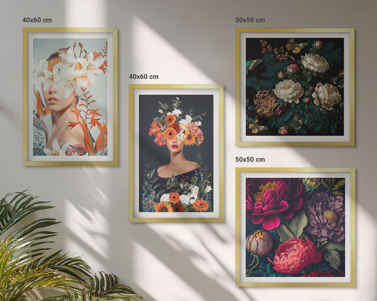 BILDER SET 4er Set - 50x50 cm & 40x60 cm Goldrahmen - Blumenporträts, Sträuße, Blätter - Goldfarben, Kunststoff (50/50cm) - TULUP