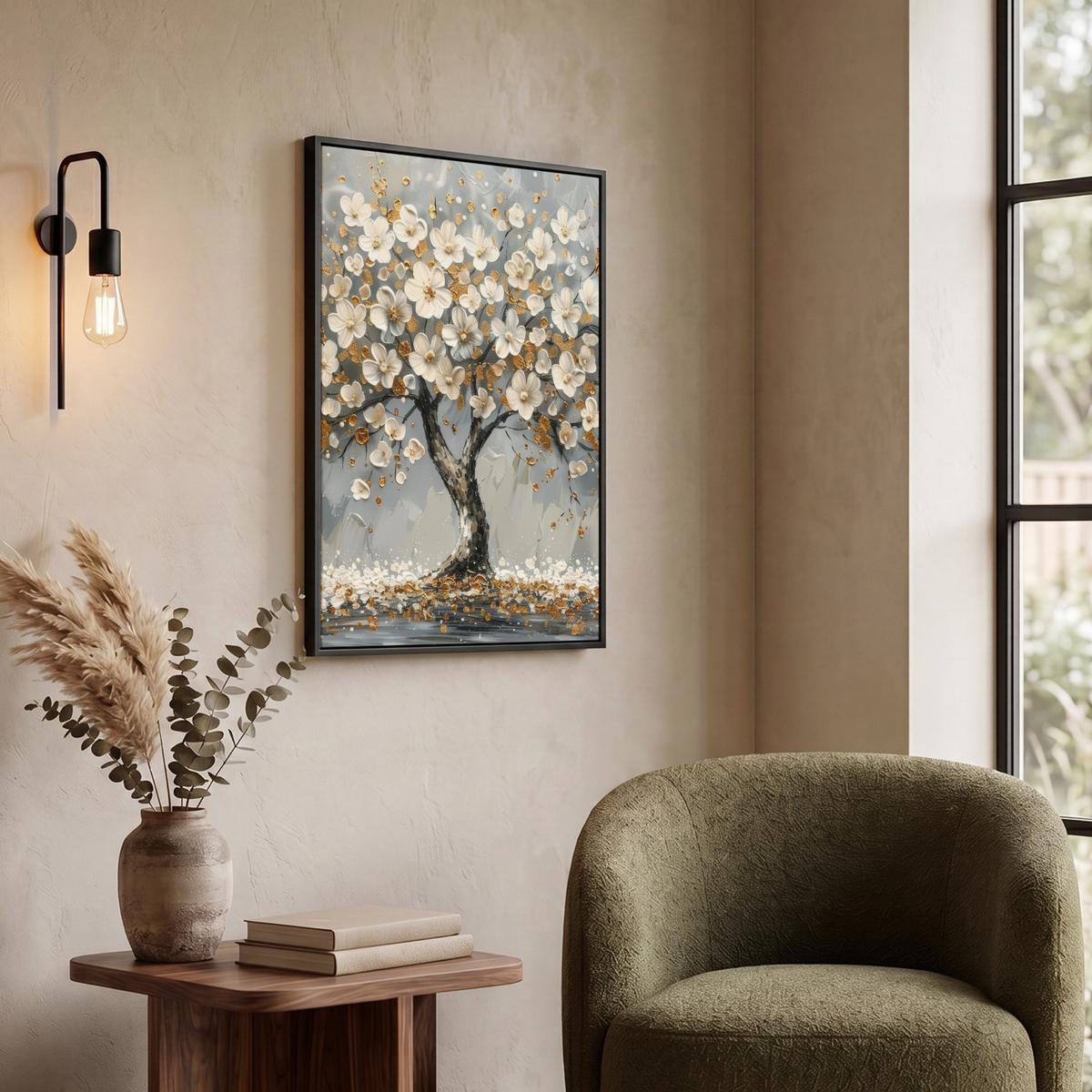 LEINWAND Bilder mit Rahmen - Baum - Blumen - Weiß - Natur - Kunst - 50x70 - Weiß, Textil (50/70cm) - MuchoWow