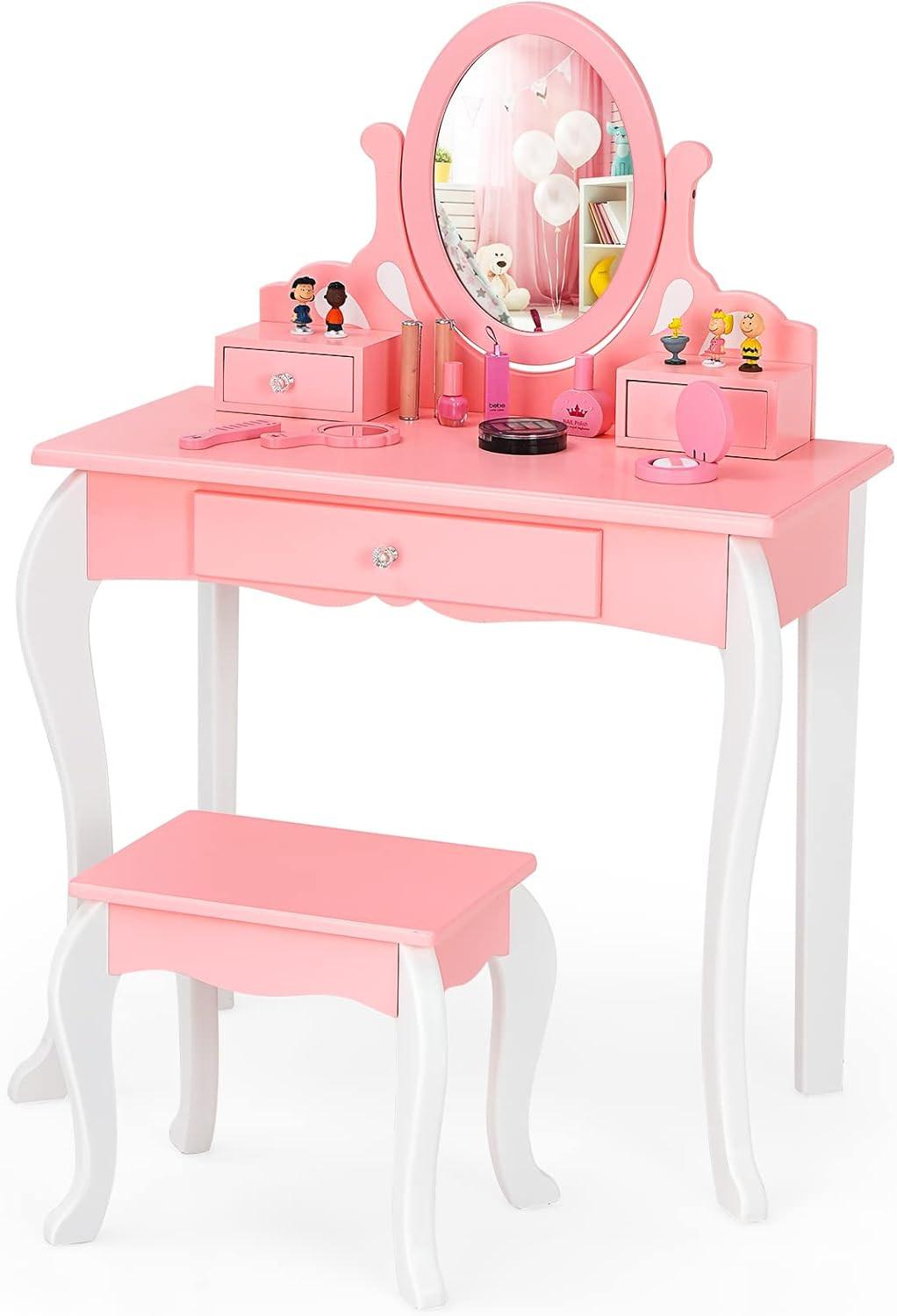 KINDER SCHMINKTISCH mit Hocker Pink - Pink, Holz (70/100/34cm) - COSTWAY