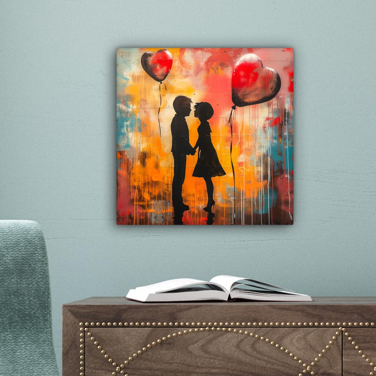 LEINWANDBILD Straßenkunst - Liebe - Graffiti - Kunst - Banksy Deko Wohnzimmer 20x20 cm - Orange, Textil (20/20cm) - MuchoWow