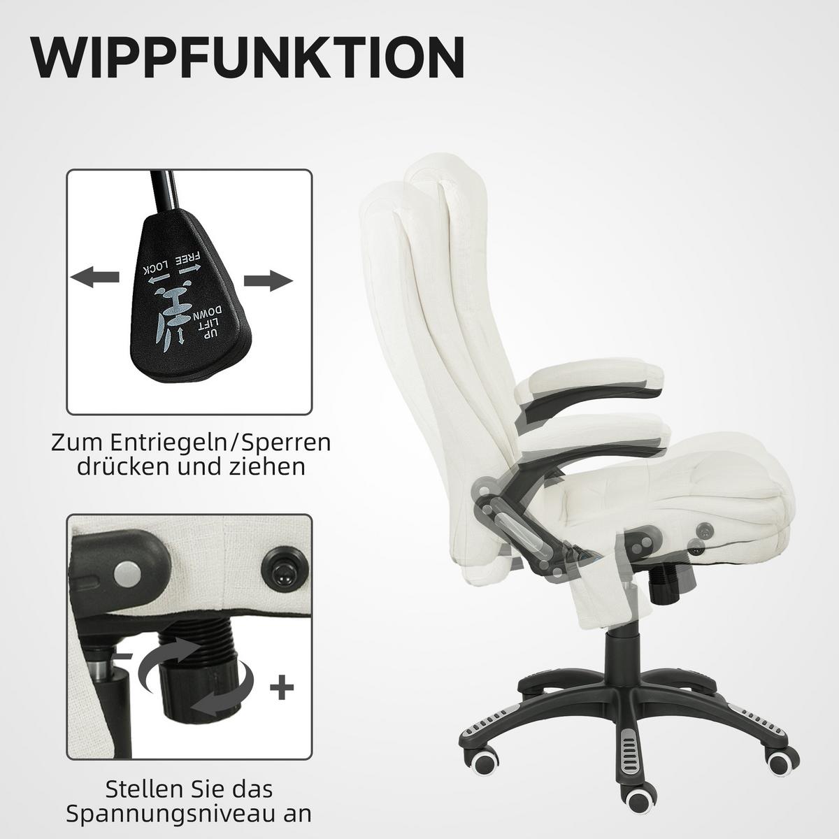 MASSAGESESSEL Chefsessel Gamingstuhl Drehstuhl Massagebürostuhl Cremeweiß - Schwarz/Weiß, Kunststoff/Textil (74/116/67cm) - Vinsetto