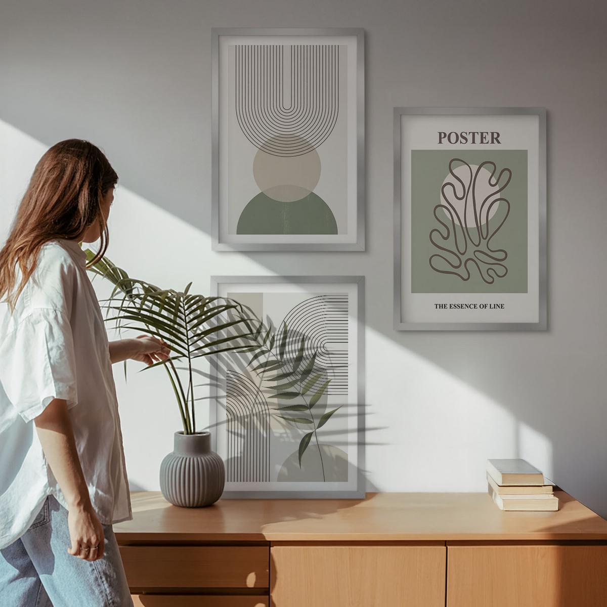 BILDER SET 3er Set - 40x60 cm Silberner Rahmen - Geometrische botanische Muster - Silberfarben, Kunststoff (40/60cm) - TULUP