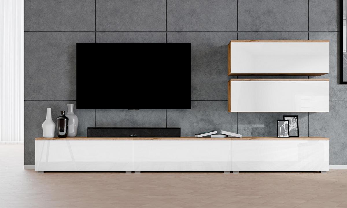 WOHNWAND Loriano V Wotan, Weiß Hochglanz 300/104,5/32 cm – Hängend und Stehend - Braun/Weiß, Holzwerkstoff/Kunststoff (300/104.5/32cm) - AX Living