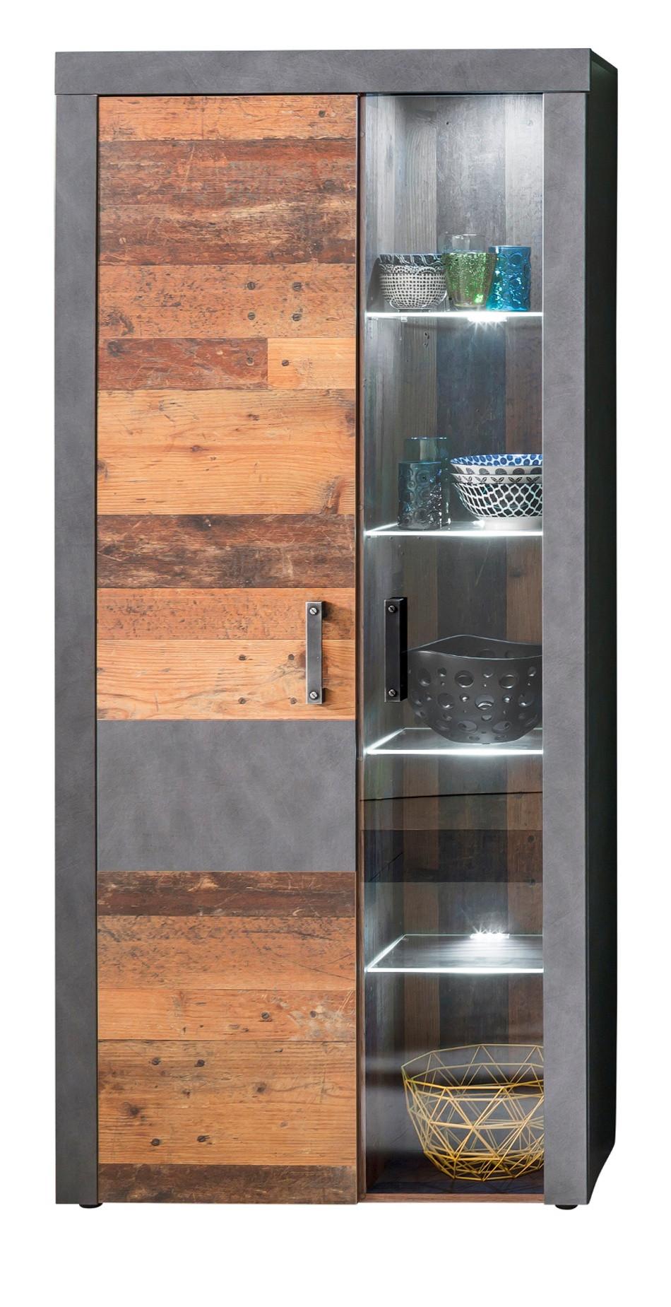 VITRINE Used Wood Altholz Design mit Grau, Vitrinenschrank mit LED Beleuchtung - Silberfarben/Schwarz, Glas/Holzwerkstoff (87/189/34cm) - Top.Furn
