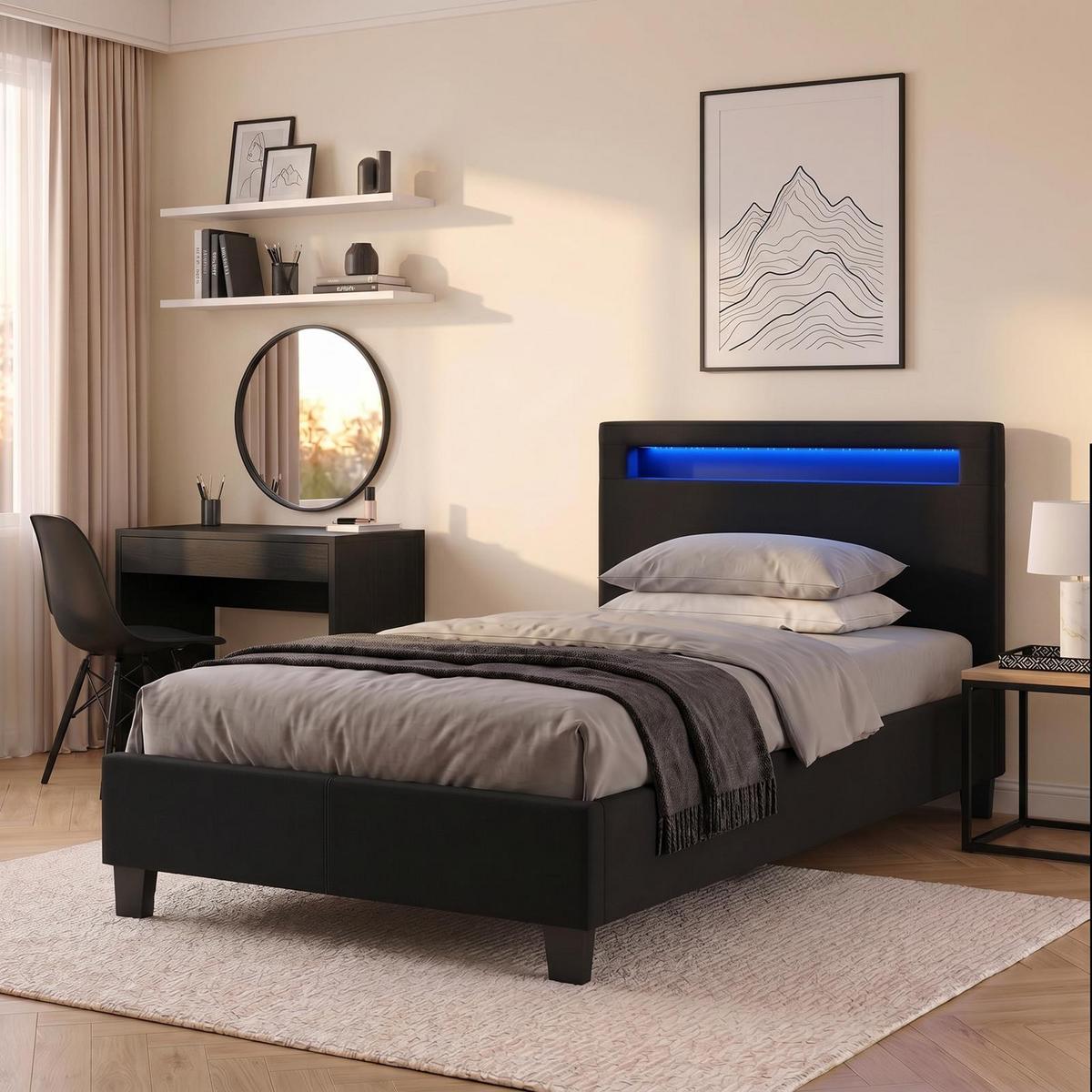 POLSTERBETT MIT LED HIMALAYA 90X200 CM - Schwarz, Textil (90/200cm) - CARO-Möbel