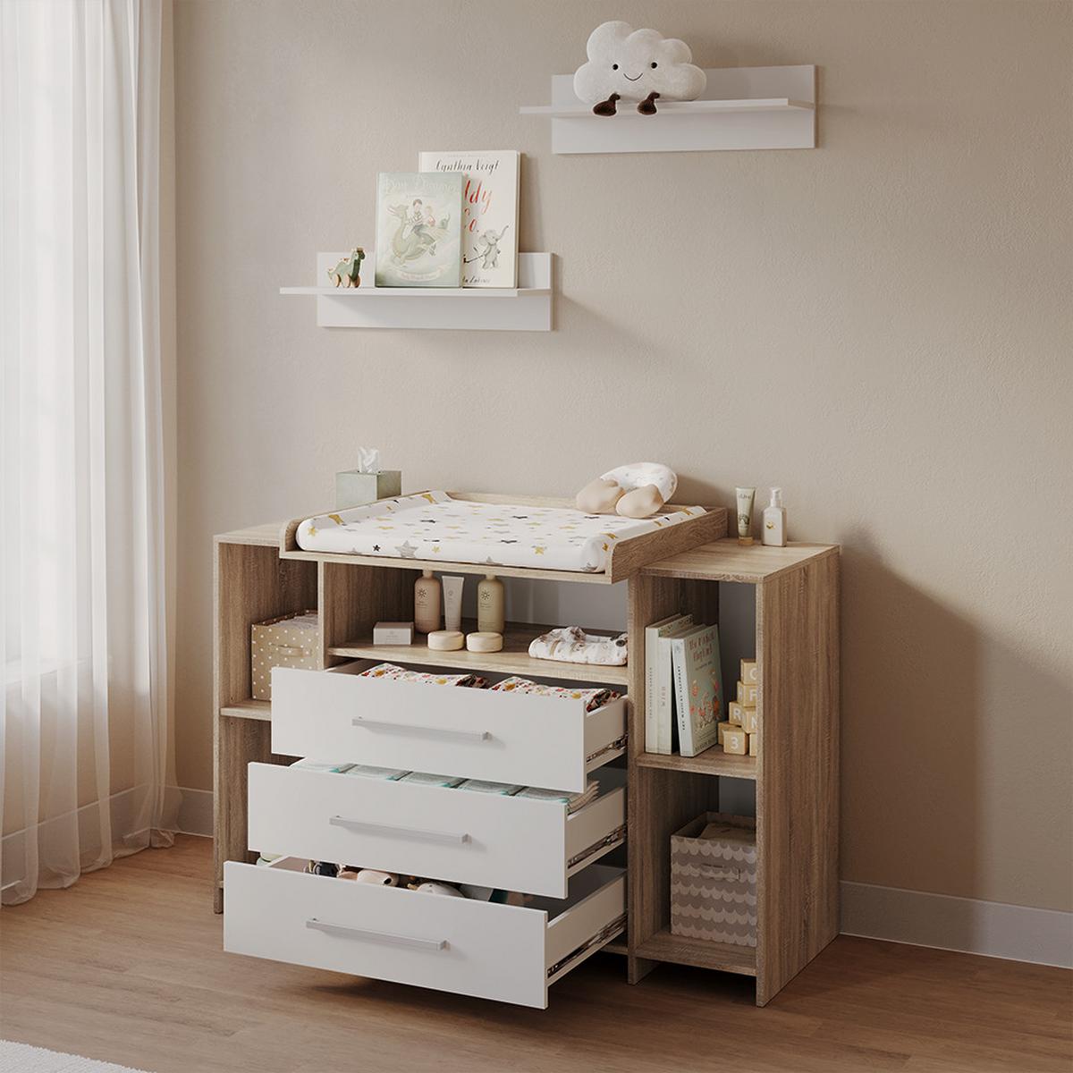 WICKELKOMMODE Torino Weiß/Sonoma XL mit Schubladen - Weiß/Sonoma Eiche, Holzwerkstoff (143/100/70cm) - Livinity®