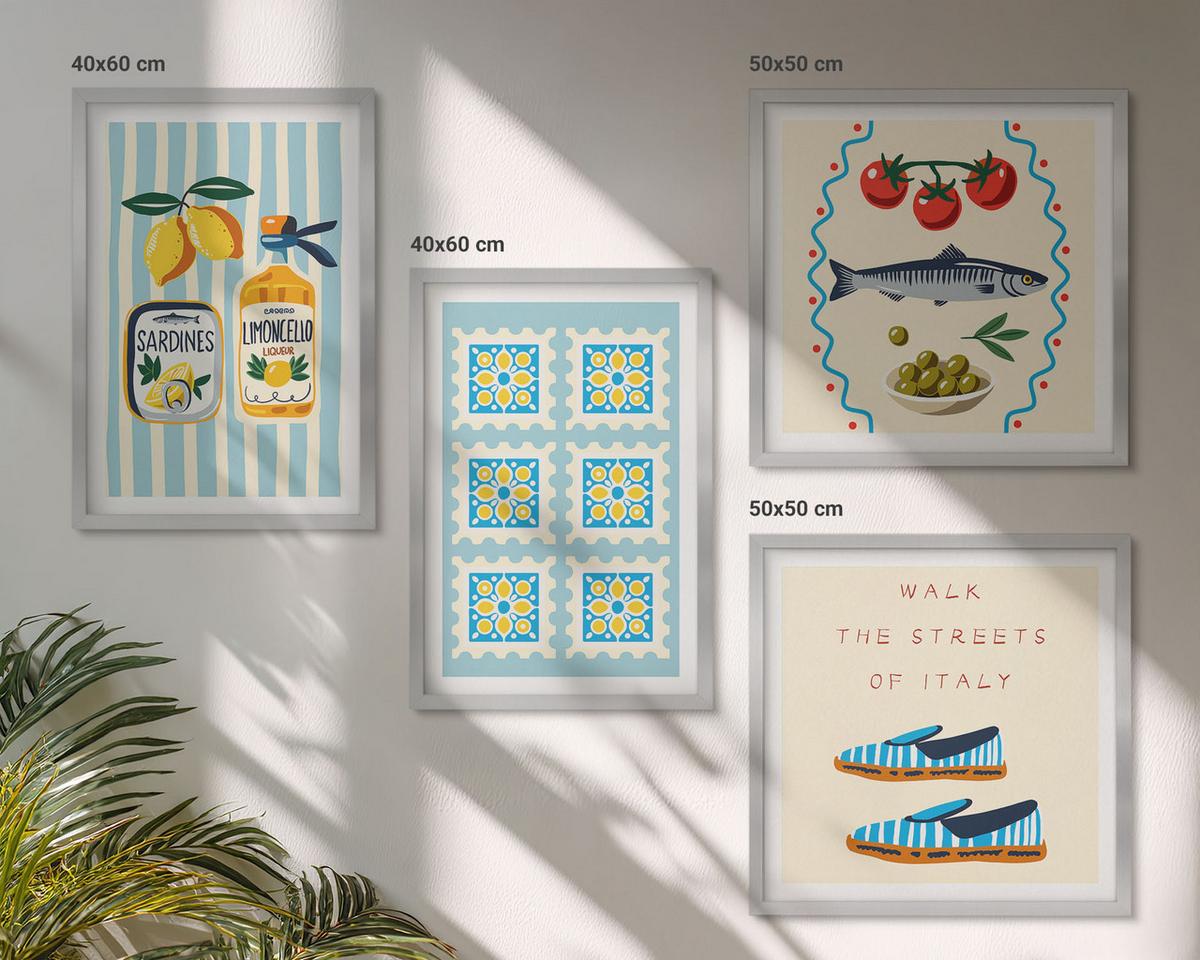 BILDER SET 4er Set - 50x50 cm & 40x60 cm Silberner Rahmen - Fruchtmuster und italienische Kultur - Silberfarben, Kunststoff (50/50cm) - TULUP