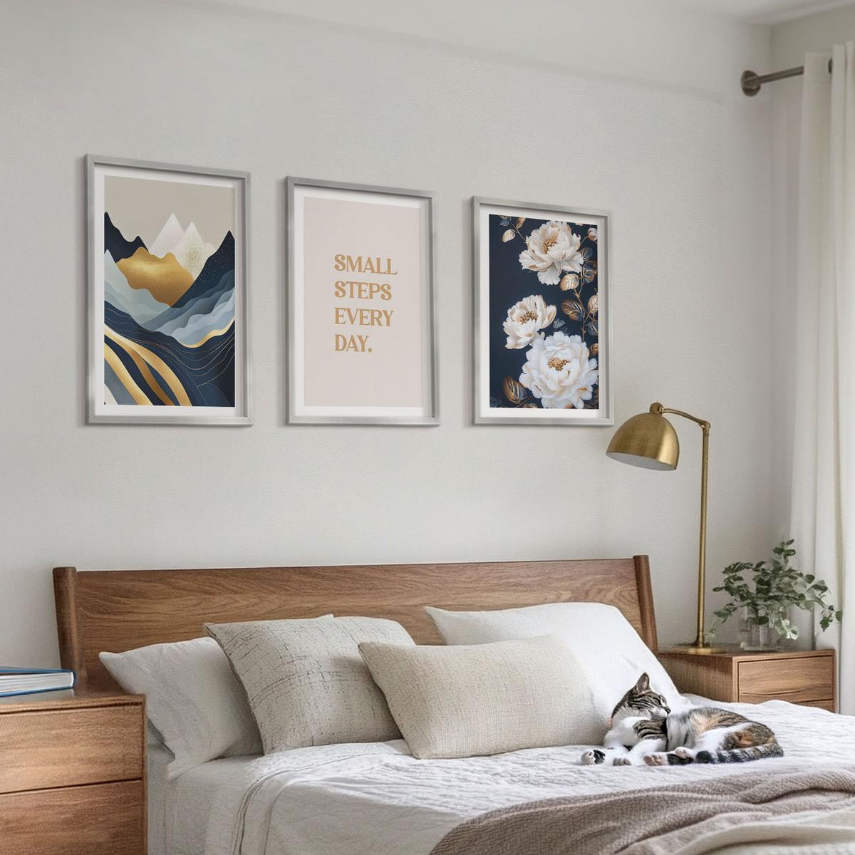 BILDER SET 3er Set - 40x60 cm Silberner Rahmen - Abstrakte Berge und Blumen Inspiration - Silberfarben, Kunststoff (40/60cm) - TULUP